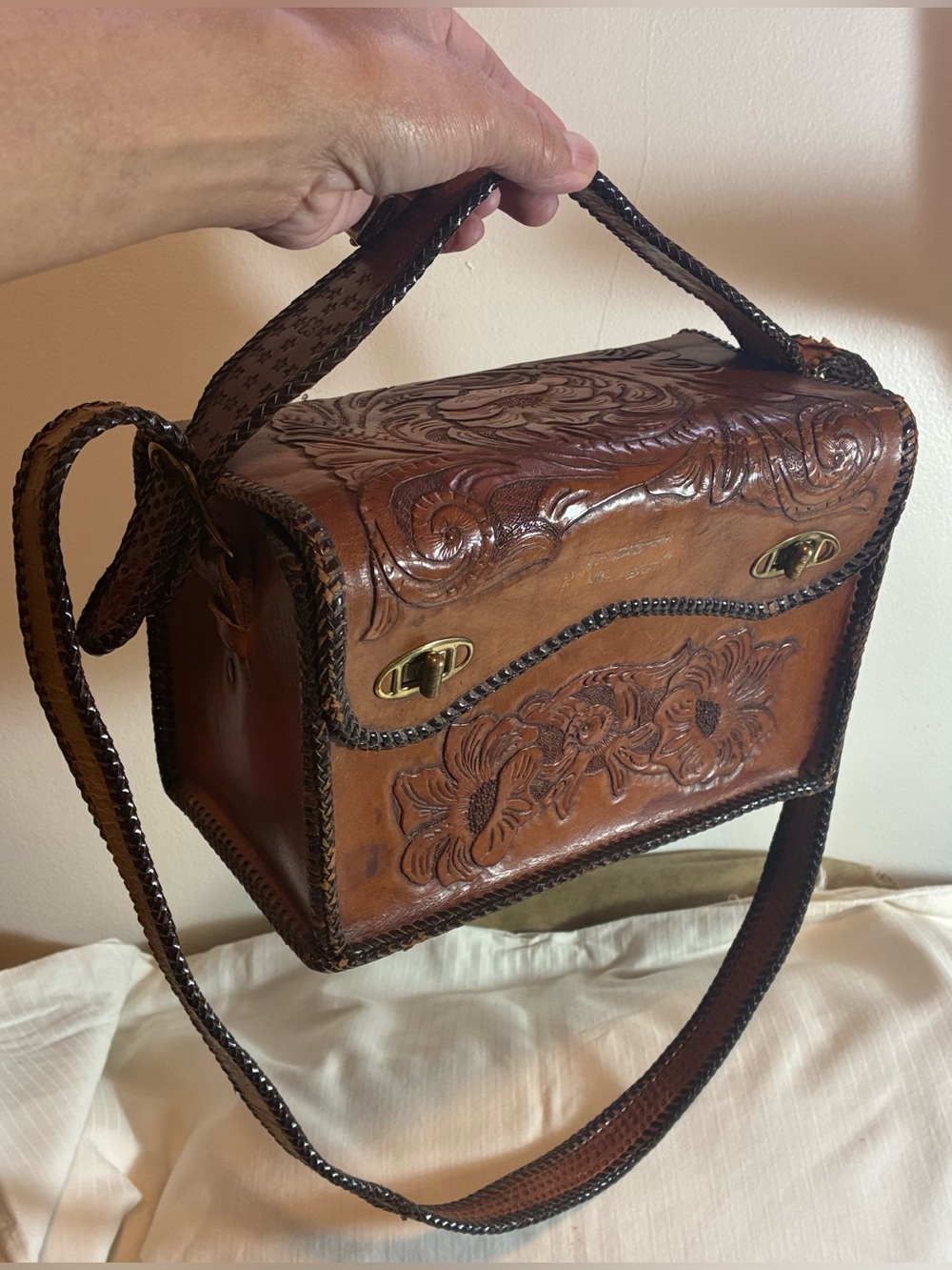 Vintage Hand-Tooled Leather Crossbody Bag - Brown